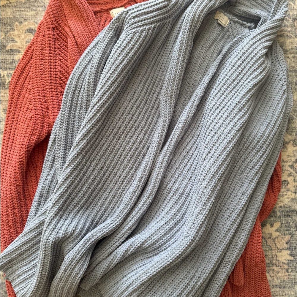 Two Cozy Knit Women's Sweater - Light Blue and Coral